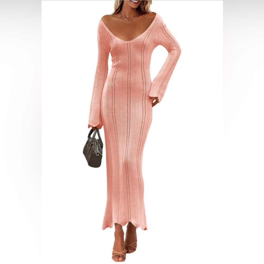 Elegant Pink Crochet Maxi Coverup Dress